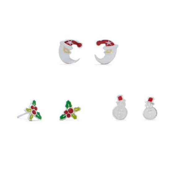 Christmas Santa, Holly and Snowman Sterling Silver Earring Set - Picture 1 of 3